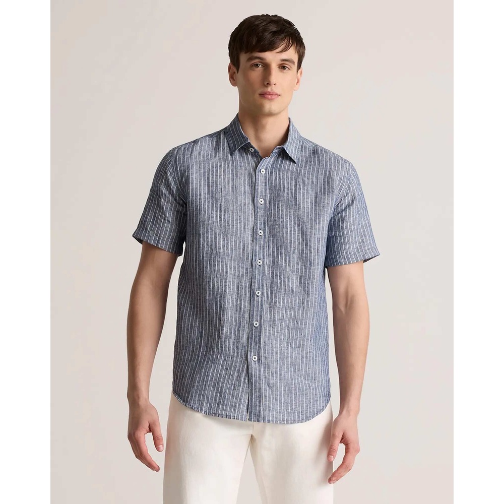 Quince European Linen Short Sleeve Shirt French Blue Stripe Mens XL NWT